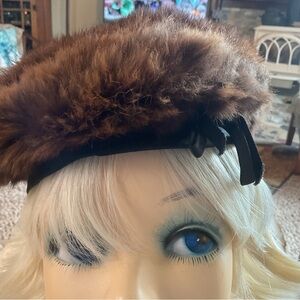 Chic Brown MINK SATIN Fur BERET TAM with Bow Accent Vintage 1940